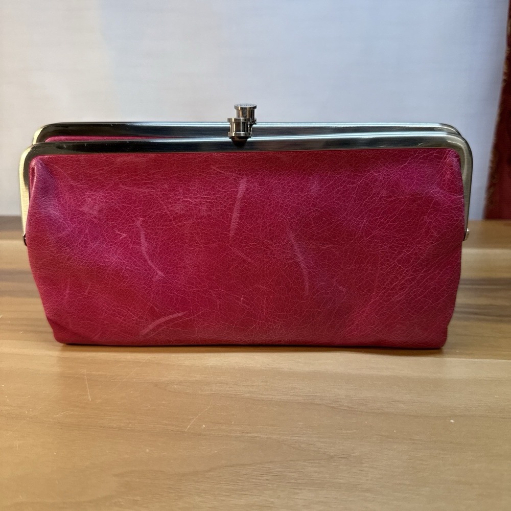 HOBO INTERNATIONAL Lauren Raspberry Pink Leather Wallet Double Lock Distressed